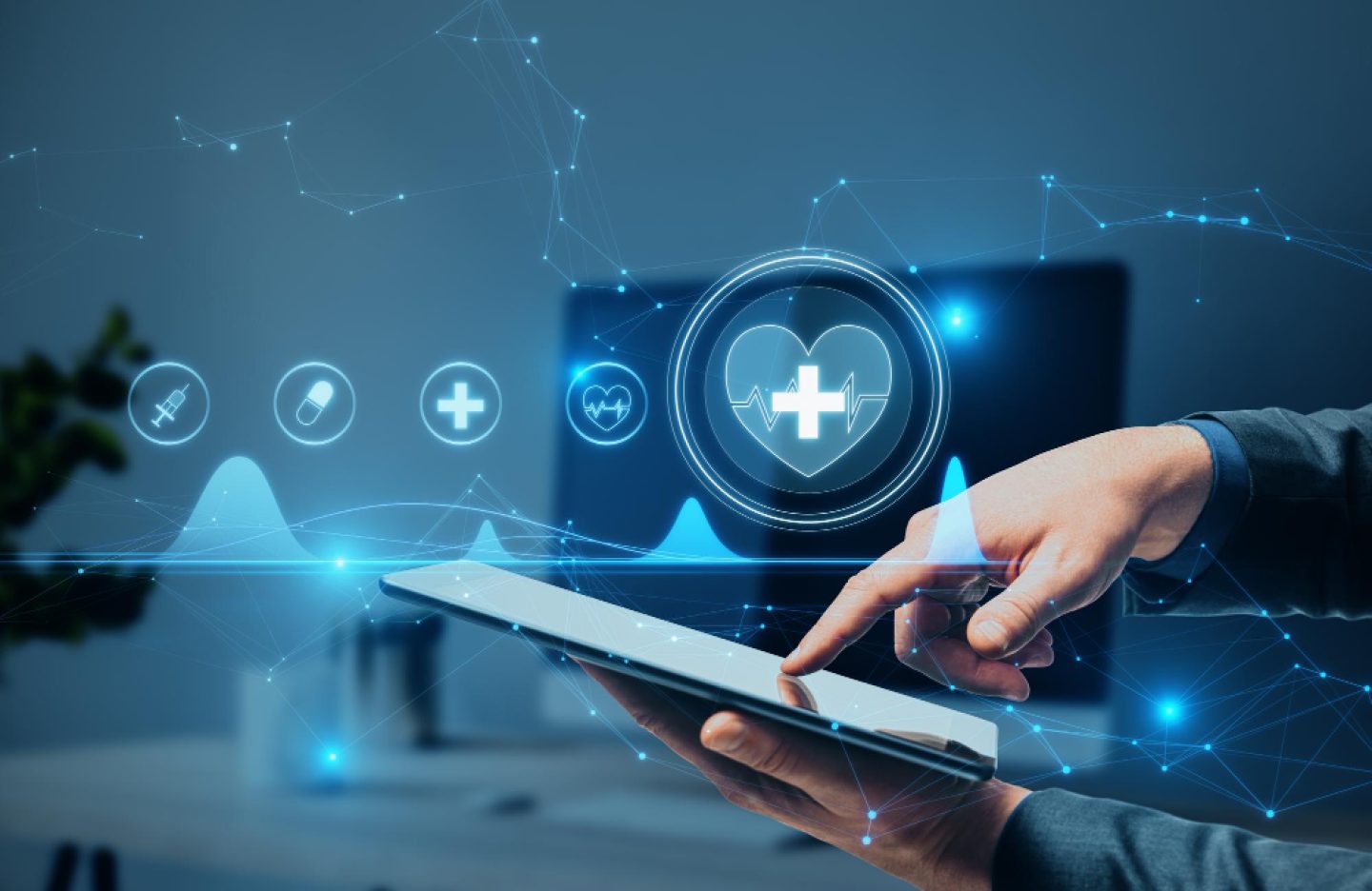 close-up-businessman-hand-pointing-tablet-with-creative-polygonal-medical-interface-hologram-blurry-hospital-office-interior-background-online-healthcare-cardiology-technology-concept